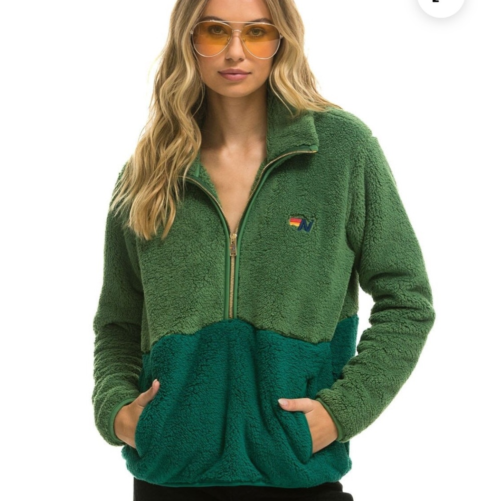 Aviator Nation TEDDY UNISEX HALF ZIP COLOR BLOCK JACKET - GARDEN GREEN size S - Picture 4 of 4